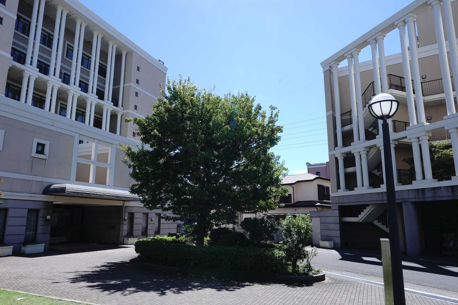 介護施設の周辺環境。複数の白い建物に囲まれた庭園エリア。